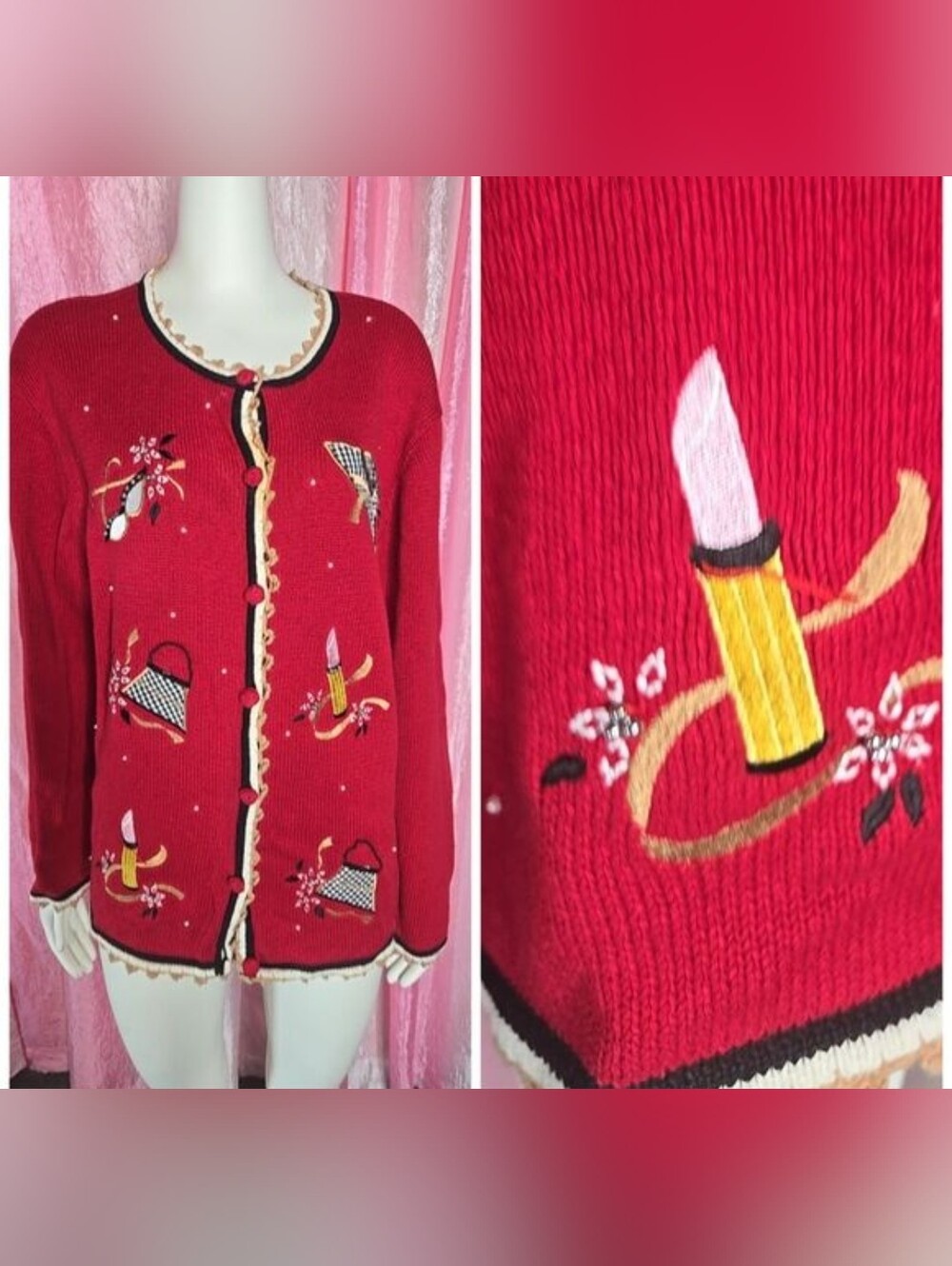 Sag Harbor Vintage Embroidered Red Feminine Novelty Lipstick Cardigan Size XL